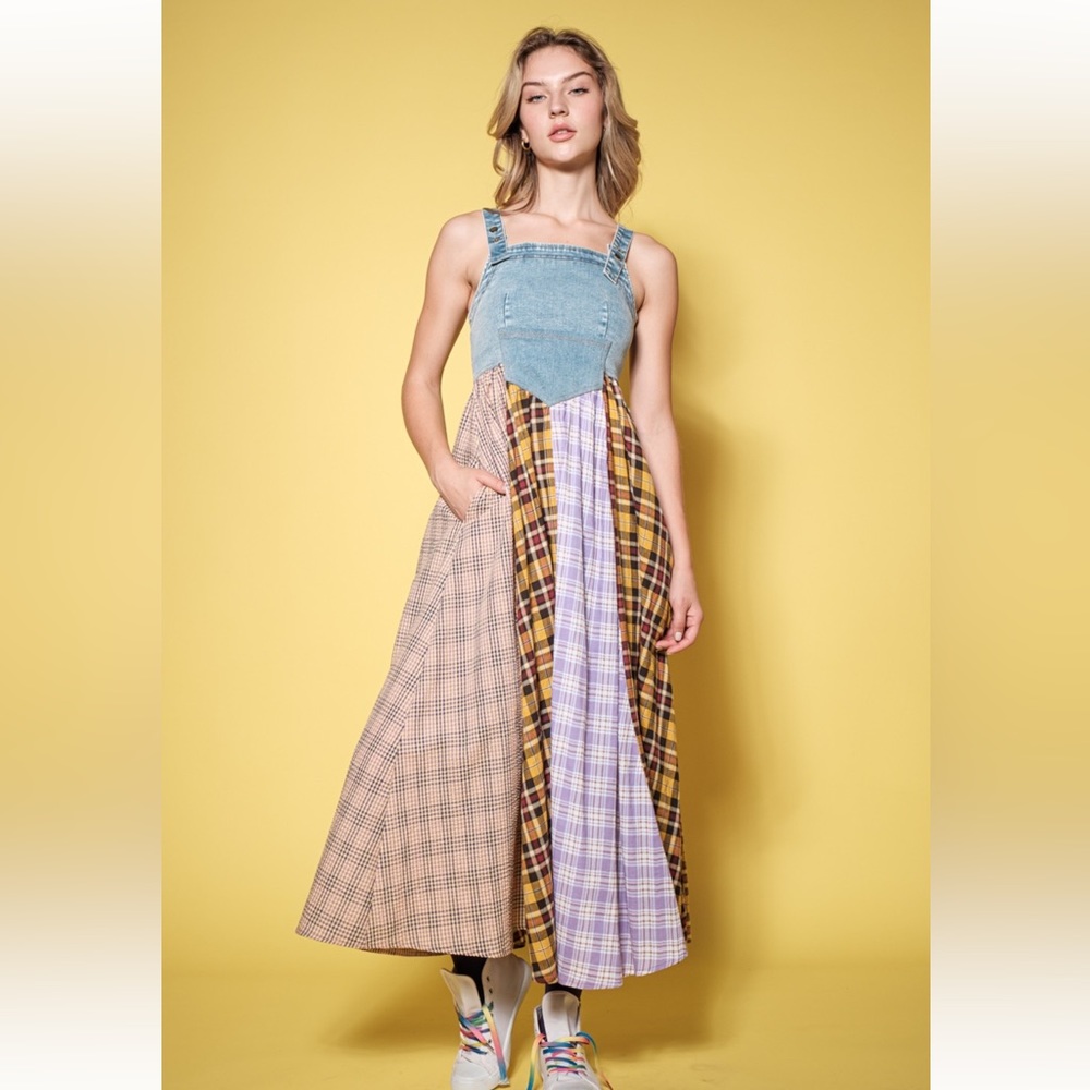 27 Boho Denim Multi Fabric Pleated Suspender Maxi Dress - Picture 5 of 7